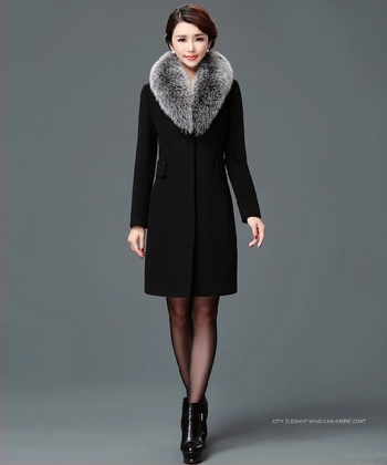 Ženski kaput od vunenog tweed materijala, korejski stil, srednja duljina, ovratnik od vunenog krzna, uski kroj