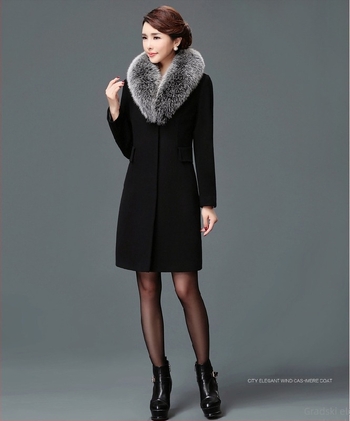 Ženski kaput od vunenog tweed materijala, korejski stil, srednja duljina, ovratnik od vunenog krzna, uski kroj