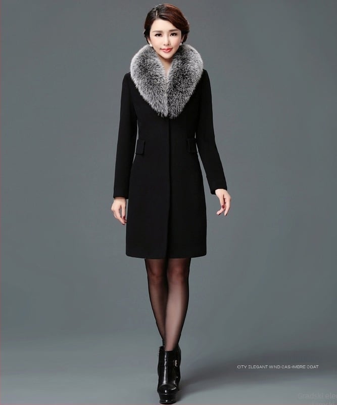 Ženski kaput od vunenog tweed materijala, korejski stil, srednja duljina, ovratnik od vunenog krzna, uski kroj