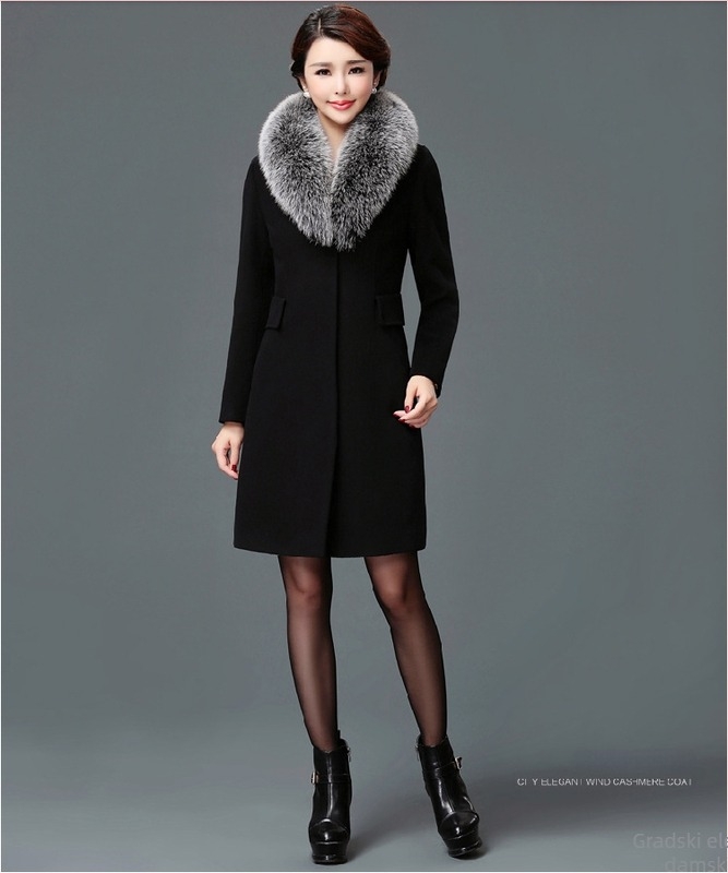 Ženski kaput od vunenog tweed materijala, korejski stil, srednja duljina, ovratnik od vunenog krzna, uski kroj