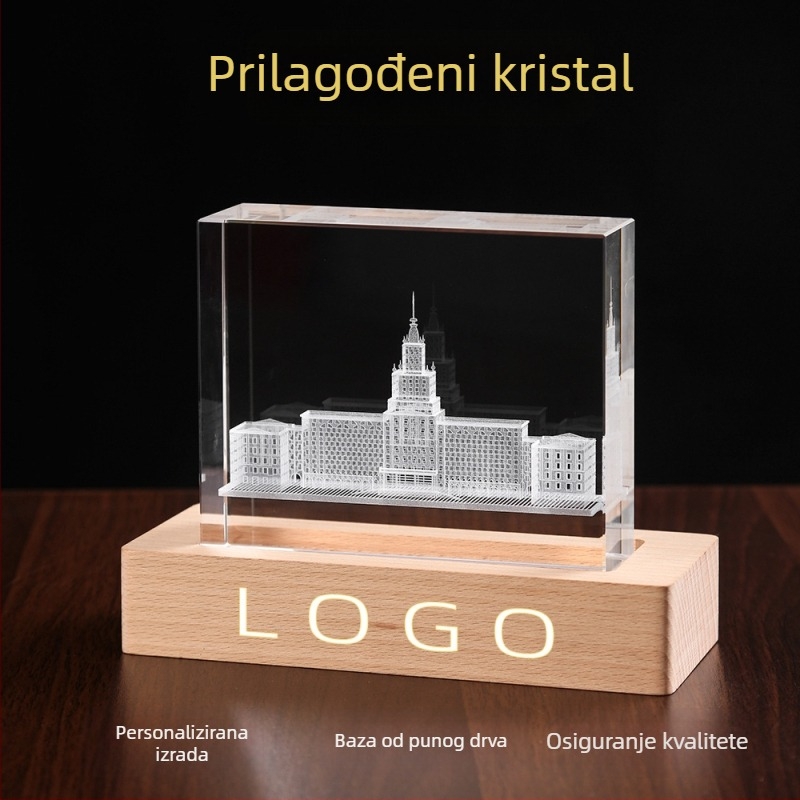 Kristalni ukras s laserskim 3D unutarnjim graviranjem, osvijetljena drvena baza, model fotografije portreta – prigodan suvenir za sjećanje