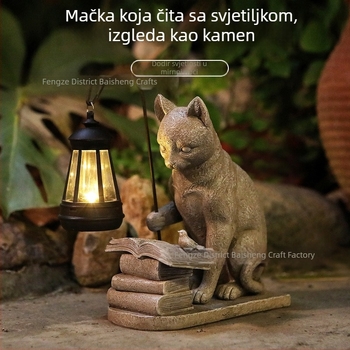 Skulptura mačke od smole za travnjak s fenjerom i kamenim uzorkom te rasvjetom — moderna vrtna dekoracija