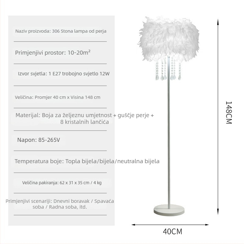 Podna lampa s perjem, francuskog stila, sjenilo od perja i kristalne niti, za dnevni boravak
