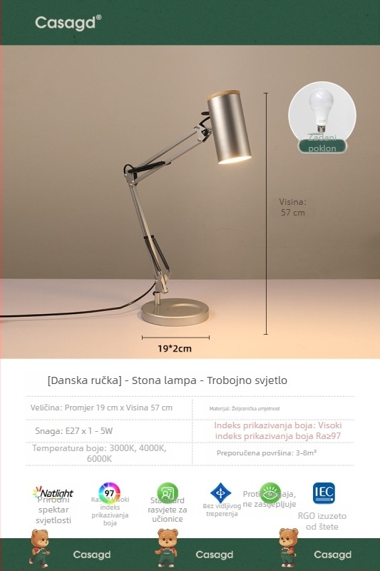 Vintage Bauhaus stajaća lampa s pomičnim ramenom, podesiva zaštita očiju, za spavaću sobu i prostor za učenje