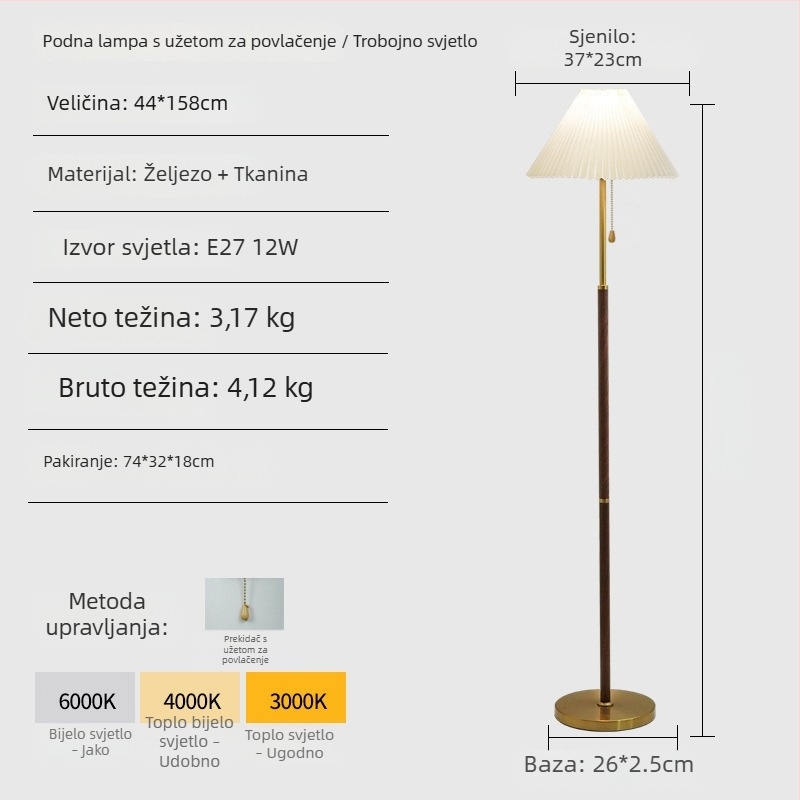 Nordijski stil stojeća lampa s plisiranim sjenilom od tkanine, za dnevni boravak i spavaću sobu – elegantno dekorativno osvjetljenje