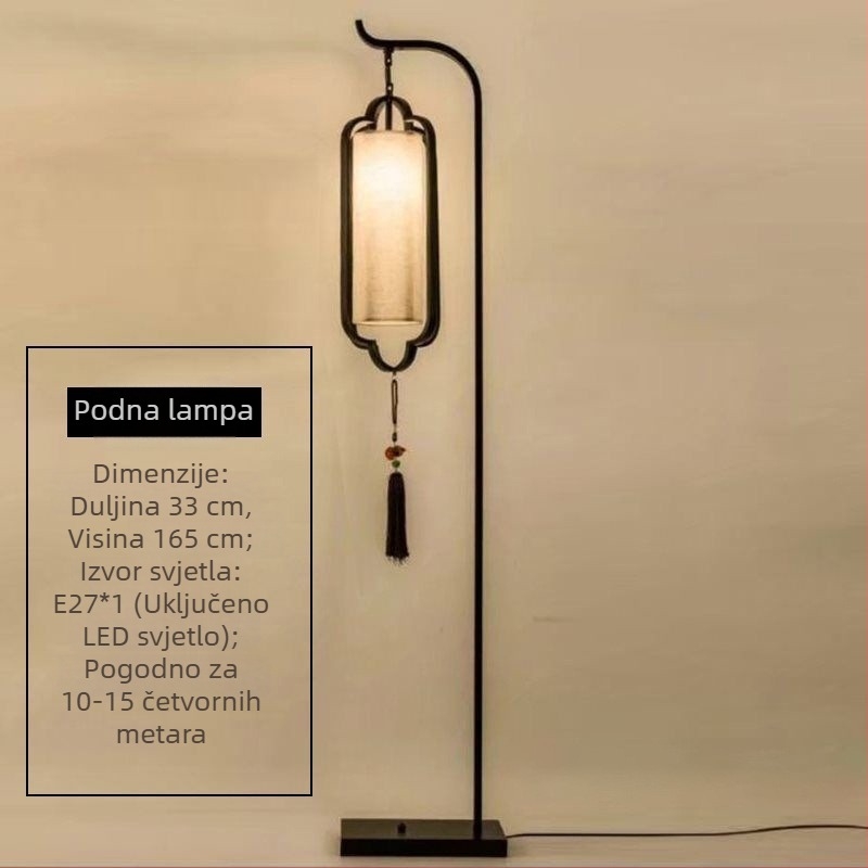 Nova kineska stil podna lampa s željeznim tijelom, LED, tkaninsko sjenilo, podesiva visina