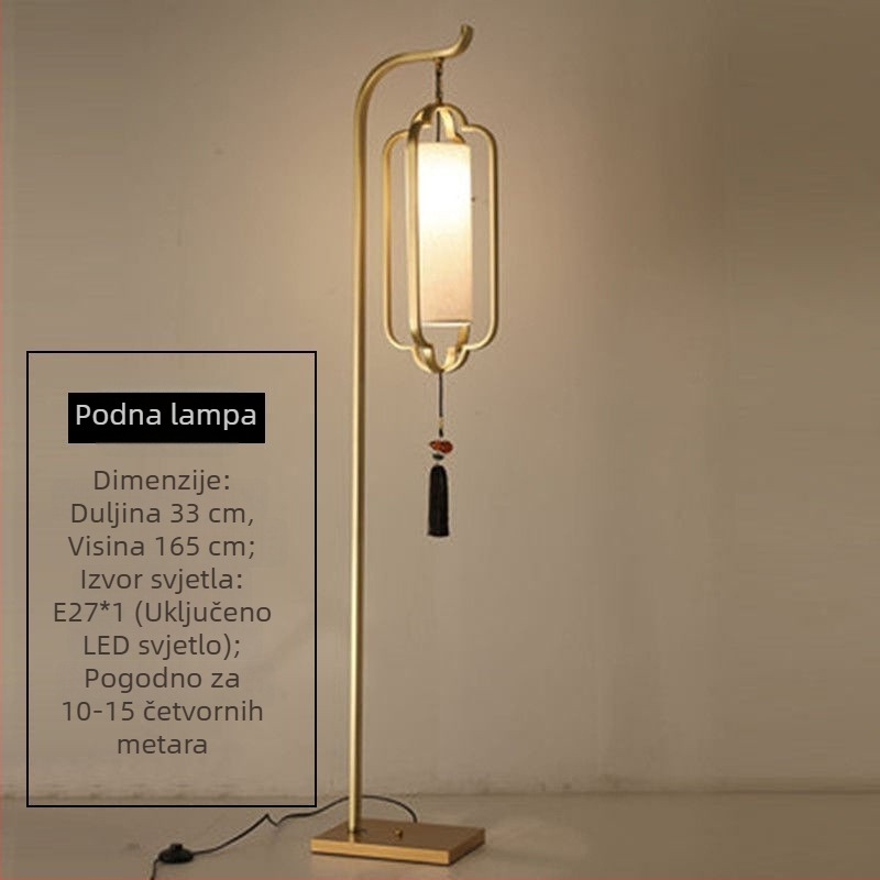 Nova kineska stil podna lampa s željeznim tijelom, LED, tkaninsko sjenilo, podesiva visina