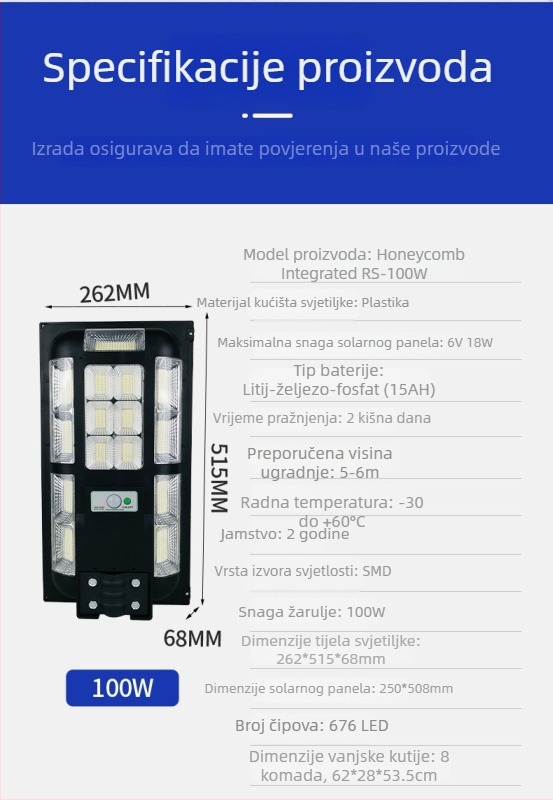 Solarna ulična lampa s integriranim radar-senzorom za ruralna dvorišta, snažna LED dioda, visok stub