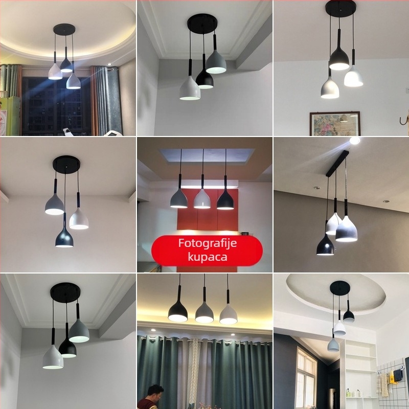 Nordijski troglavi luster za blagovaonu, moderan minimalistički kružni disk svjetiljka, crno-bijelo-siva
