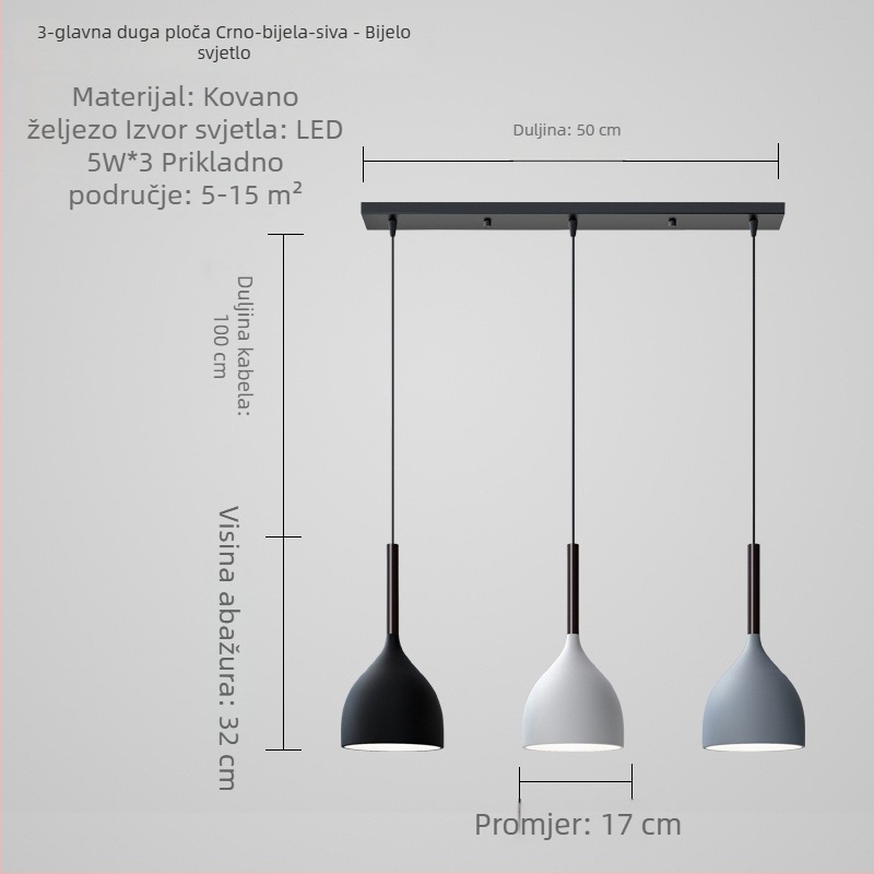Nordijski troglavi luster za blagovaonu, moderan minimalistički kružni disk svjetiljka, crno-bijelo-siva