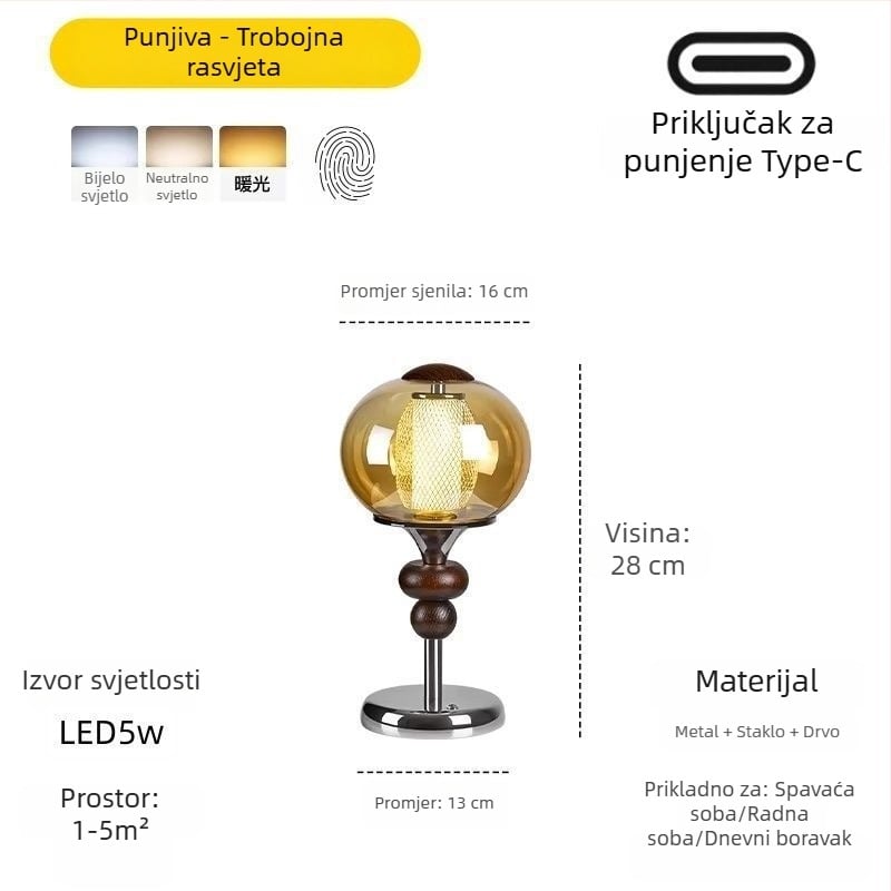 Polovna masivna drvena stolna lampa u palaćnom stilu, punjiva, s dodirnim prekidačem, pogodna za spavaću sobu ili radnu sobu, ambijentalna noćna svjetlost