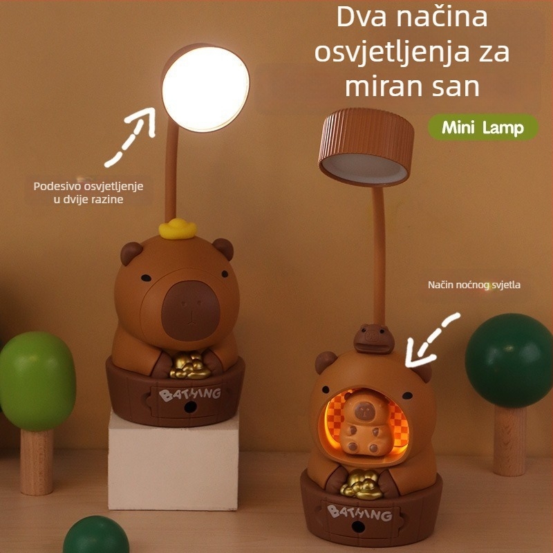 USB LED stolna lampa s crtanim kapibarom, punjiva, noćno svjetlo i oštrivač za olovke