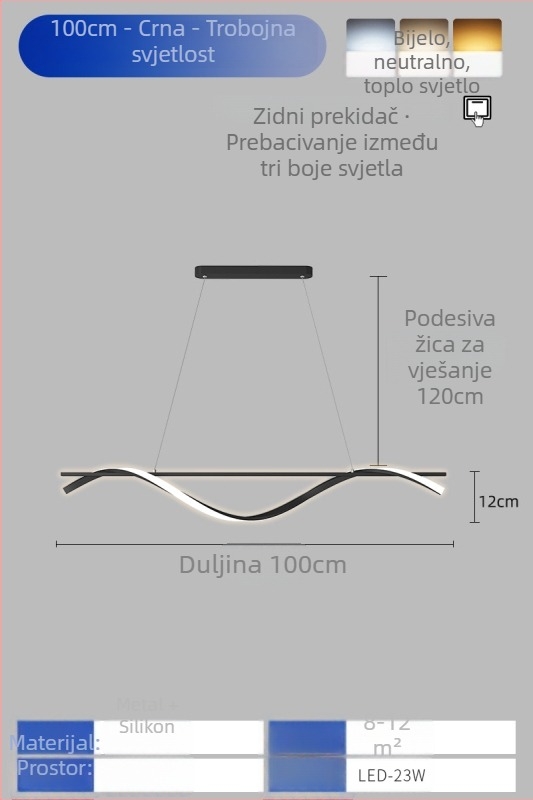 Moderna minimalistička rasvjeta za restoran s LED trakom, visina 1,5 m, podesiva