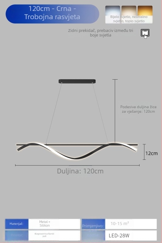 Moderna minimalistička rasvjeta za restoran s LED trakom, visina 1,5 m, podesiva