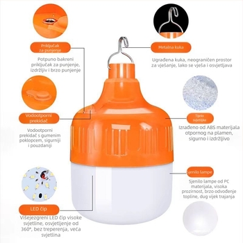 LED lampica za nužne situacije za vanjsku upotrebu, vodootporna, USB napajanje, 180° snop, B22 utičnica