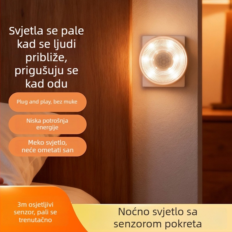 LED noćna lampica s infracrvenim senzorom, priključna na utičnicu, za spavaću sobu i hodnik, moderni minimalistički dizajn, regulacija jačine svjetla