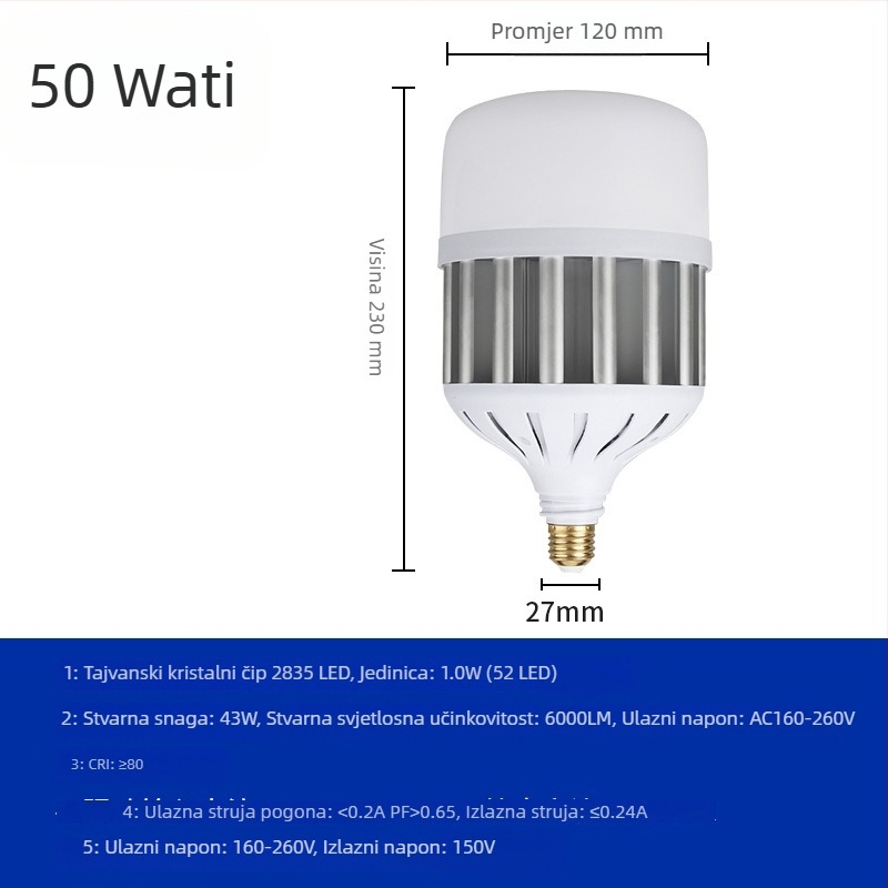 LED kuglasta svjetiljka s E27 navojem, srebrne boje, otpornost na magljenje i prašinu, za skladišta, radionice i stadione – 50W–100W, ultra svijetla