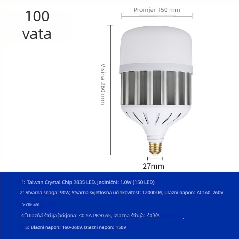 LED kuglasta svjetiljka s E27 navojem, srebrne boje, otpornost na magljenje i prašinu, za skladišta, radionice i stadione – 50W–100W, ultra svijetla