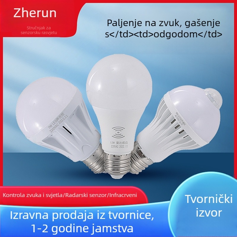 LED žarulja s glasovnim i svjetlosnim upravljanjem, senzorom tijela i inteligentnim radarom, E27, 220V, 630 lm, 180°, IP20