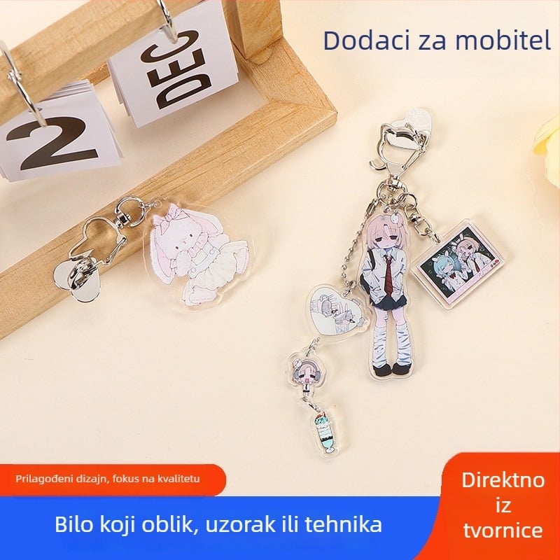 Akrilni privjesak za telefon – prilagodljiv anime ukras za torbu, sladak crtani dizajn, lančić za telefon i privjesak za ključeve