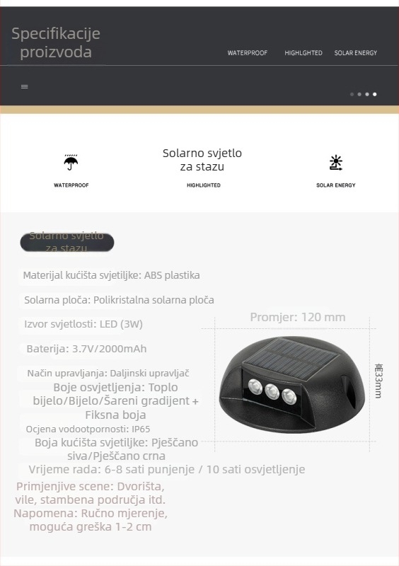 Solarno svjetlo za stazu, IP65, LED za stepenice i vrt, 360 lm, topla bijela