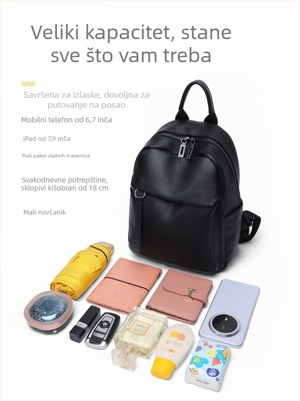 Ženski ruksak od prave kože s višestrukim džepovima, velikog kapaciteta, model 2026, lagan.