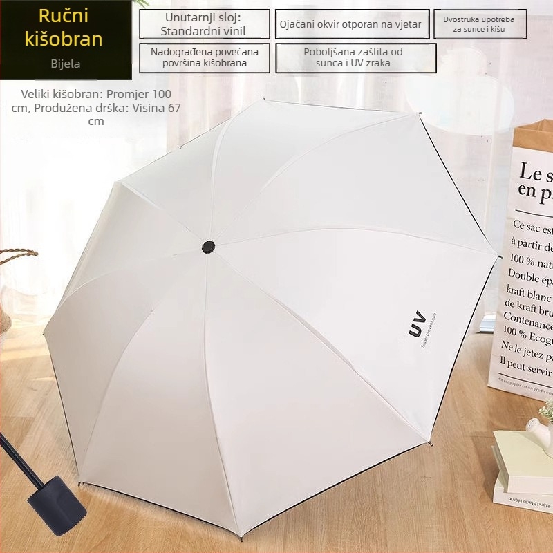 Ručni sklopivi kišobran za kišu i sunce, velik, ojačani dizajn, UV zaštita, unisex
