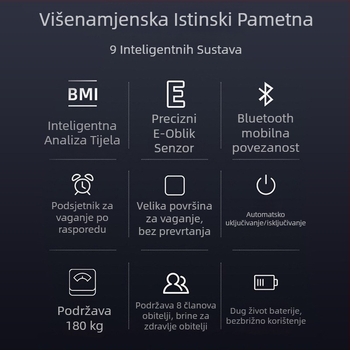 Inteligentna vaga za tijelo s punjivom baterijom, kućna upotreba, ploča od kaljenog stakla, nosivost 360 kg, LED zaslon od 3 inča