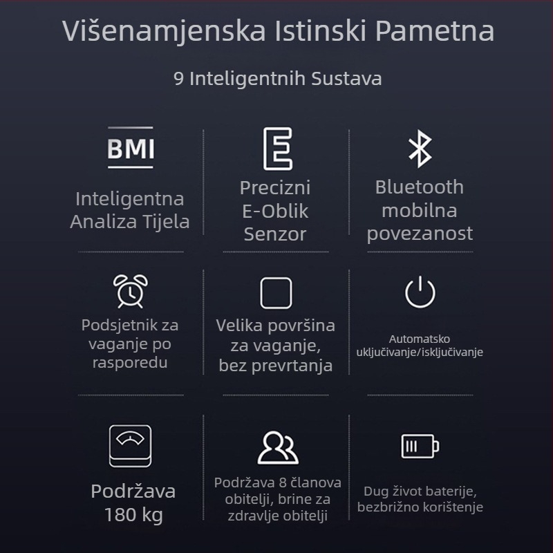 Inteligentna vaga za tijelo s punjivom baterijom, kućna upotreba, ploča od kaljenog stakla, nosivost 360 kg, LED zaslon od 3 inča