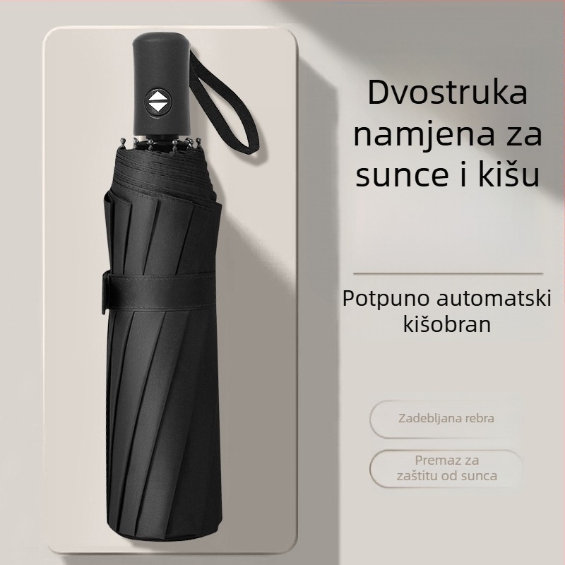 Potpuno automatski ojačani kišobran za muškarce, dvostruka namjena za sunce i kišu, trodijelni sklopivi kišobran s UV zaštitom