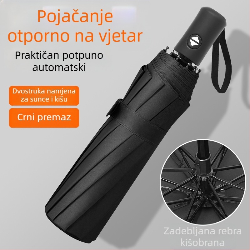 Potpuno automatski ojačani kišobran za muškarce, dvostruka namjena za sunce i kišu, trodijelni sklopivi kišobran s UV zaštitom
