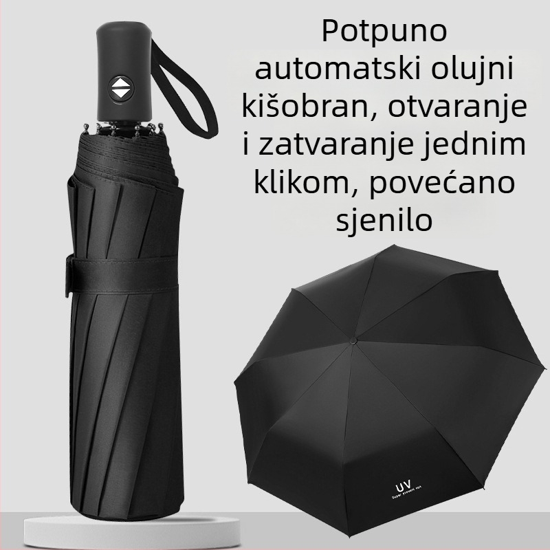 Potpuno automatski ojačani kišobran za muškarce, dvostruka namjena za sunce i kišu, trodijelni sklopivi kišobran s UV zaštitom