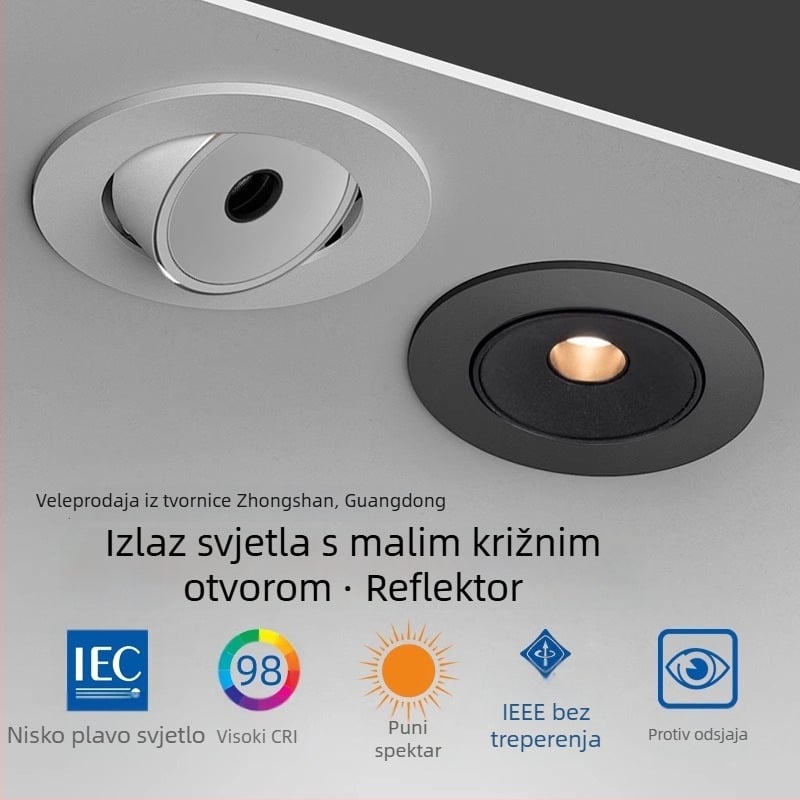 Ugradbeni usmjereni spot svjetlo s podesivim kutem, visoka svjetlosna učinkovitost, antiodsjaj, cijeli spektar, visok CRI, bez glavne lampe