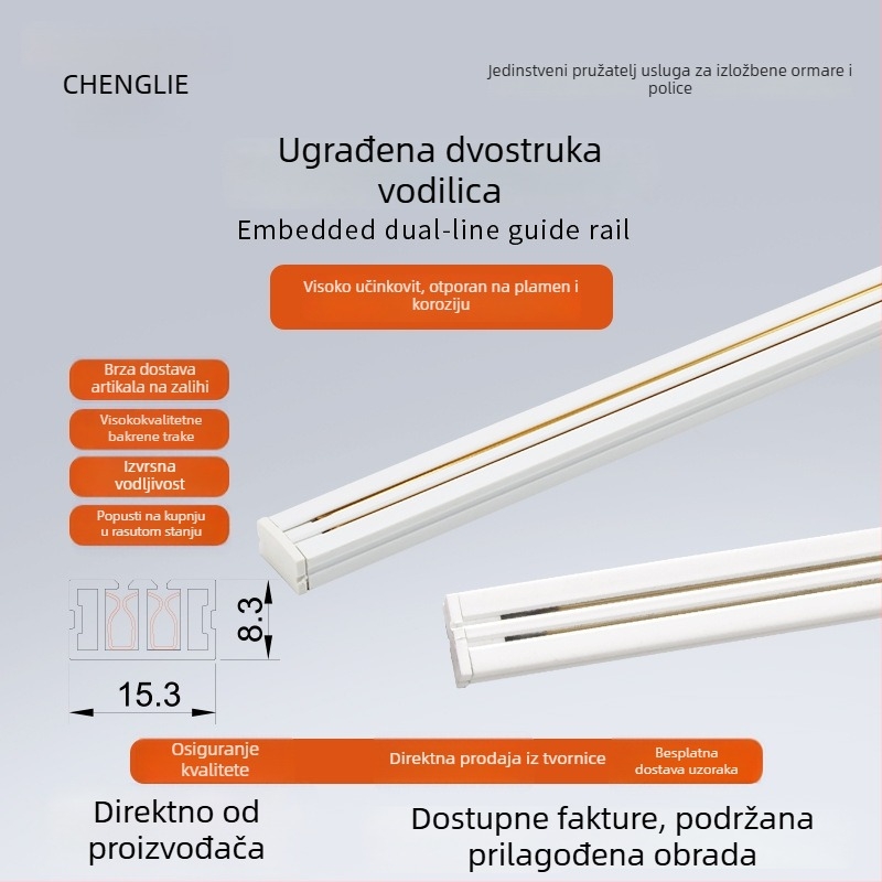 Vitrinski ormar s vodljivim žljebom i šinom, površinska montaža, crno-bijeli ugradbeni kanal, skriven napajni kanal, osvjetljenje polica magnetskim držačem