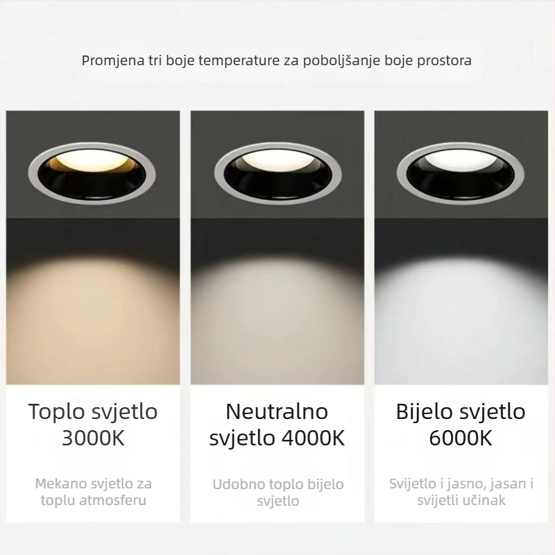LED ugrađena stropna svjetiljka s dubokim kućištem, anti-odsjajna, ultra-tanka, trobojna prilagodljiva rasvjeta s punim spektrom za dnevni boravak
