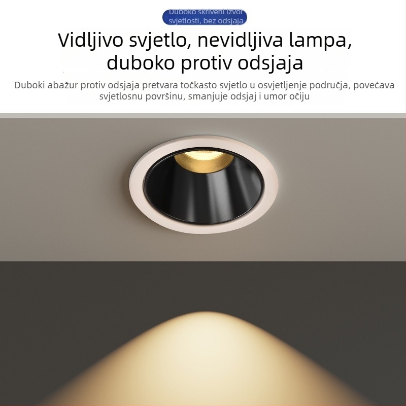 COB duboko anti-sjajna ugrađena usmjerena svjetiljka, bez glavne svjetlosti, LED stropna svjetiljka za dnevni boravak i hodnik