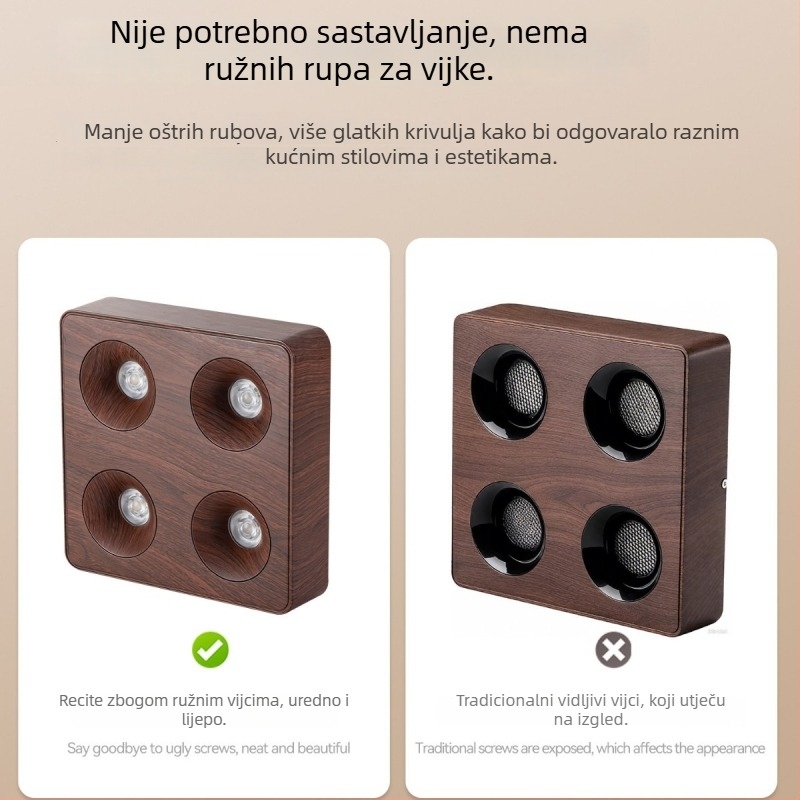 Vintage stil ultra-tanka četveroglava stropna svjetiljka, površinska montaža, anti-odražavanje, orahov drveta uzorak, za dnevni boravak i spavaću sobu