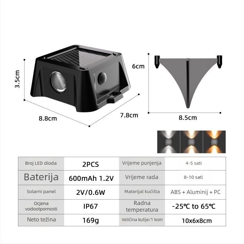 Solarno vanjsko ugradno svjetlo IP67, aluminijsko kućište, RGB ambijentalna rasvjeta dvorištu, vrtu i travnjaku