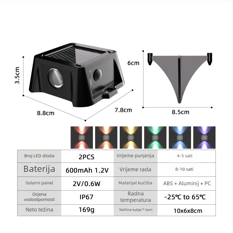 Solarno vanjsko ugradno svjetlo IP67, aluminijsko kućište, RGB ambijentalna rasvjeta dvorištu, vrtu i travnjaku