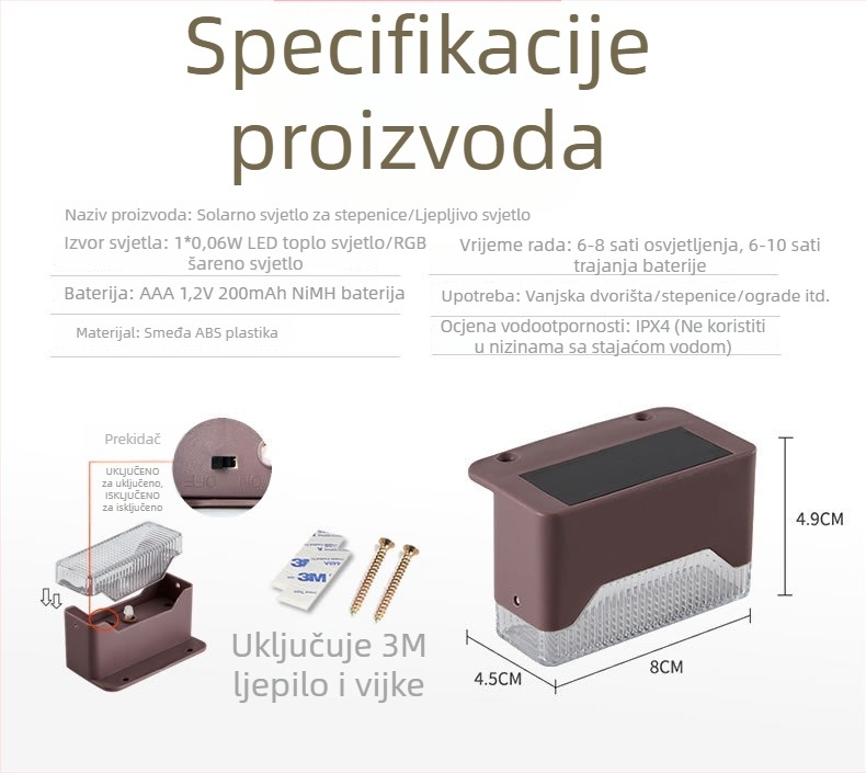 LED solarne vrtne svjetiljke za vanjske stepenice, ljepljivi montažni sustav, svjetla s senzorom za ogradu, vrtne lampe