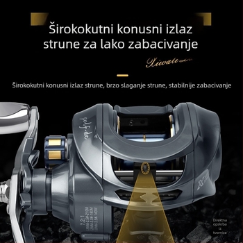 Okretni ribolovni kolut s dugim dometom bacanja i dvostrukim kočnicama; svestrana primjena.