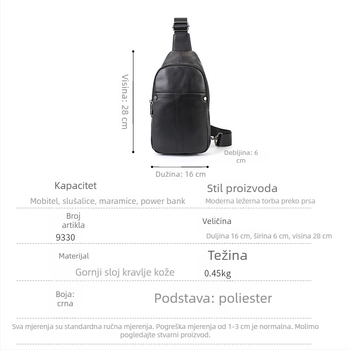Muška torbica za prsa od prve sloje teleće kože, jednostavna jednobojna crossbody torba, casual stil, pogodna za 9-inčni uređaj