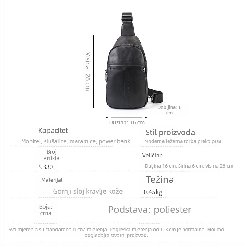 Muška torbica za prsa od prve sloje teleće kože, jednostavna jednobojna crossbody torba, casual stil, pogodna za 9-inčni uređaj