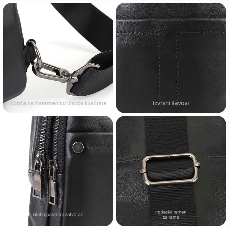 Muška torbica za prsa od prve sloje teleće kože, jednostavna jednobojna crossbody torba, casual stil, pogodna za 9-inčni uređaj