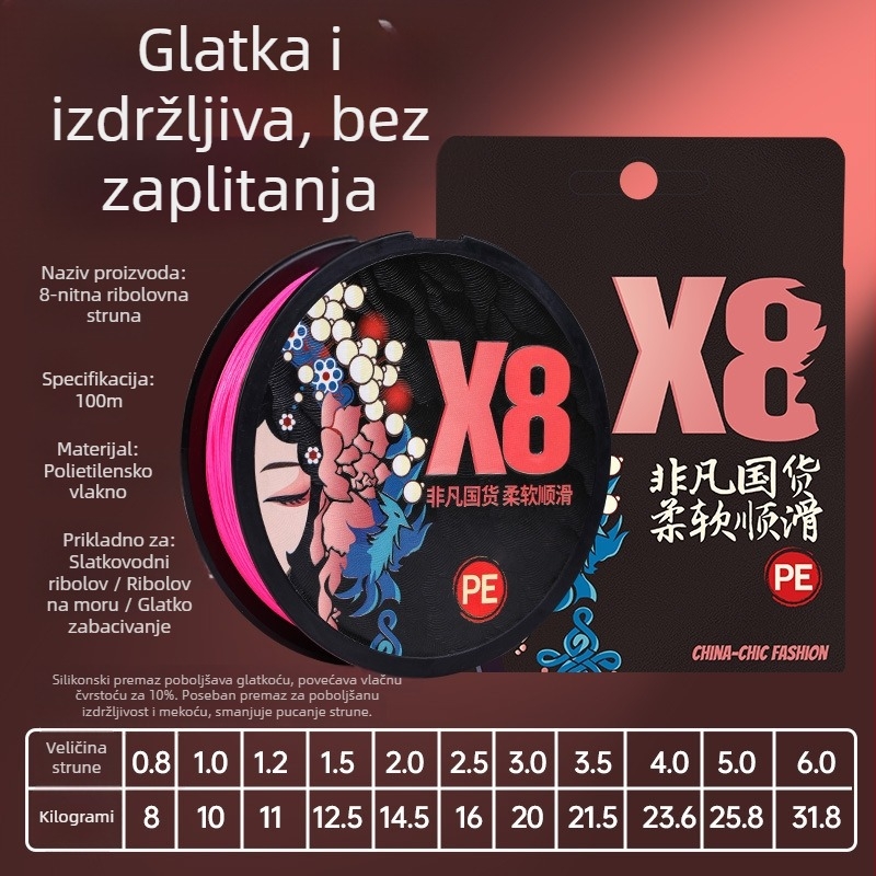 PE ribolovna glavna linija, 12-žilna, 8-žilna, glatka za dugačke bacanja, crna