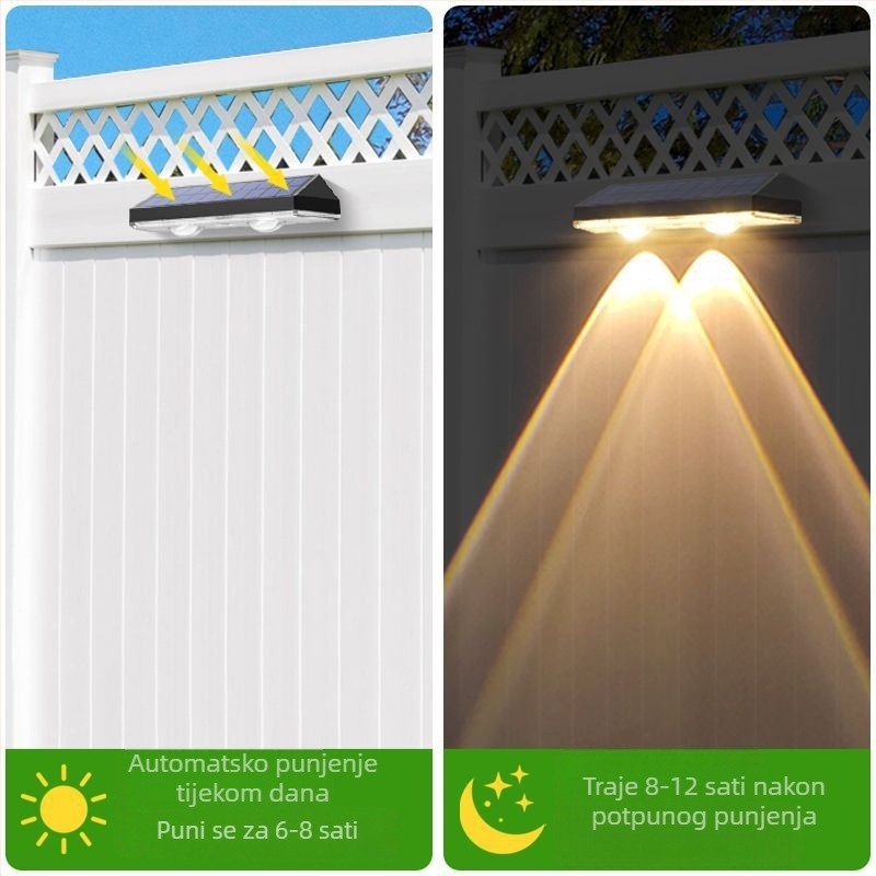 Solarna zidna svjetiljka za vanjsku upotrebu, vodootporna, za terasu i balkon, dekorativno osvjetljenje i atmosfera u vrtu, reflektori