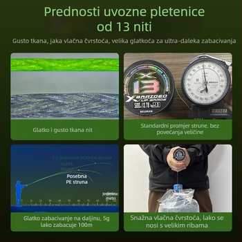 12+1 plietena PE ribolovna linija, izuzetno jaka, za dugačka bacanja kod lova na mamce, glatka i snažna, 131PE