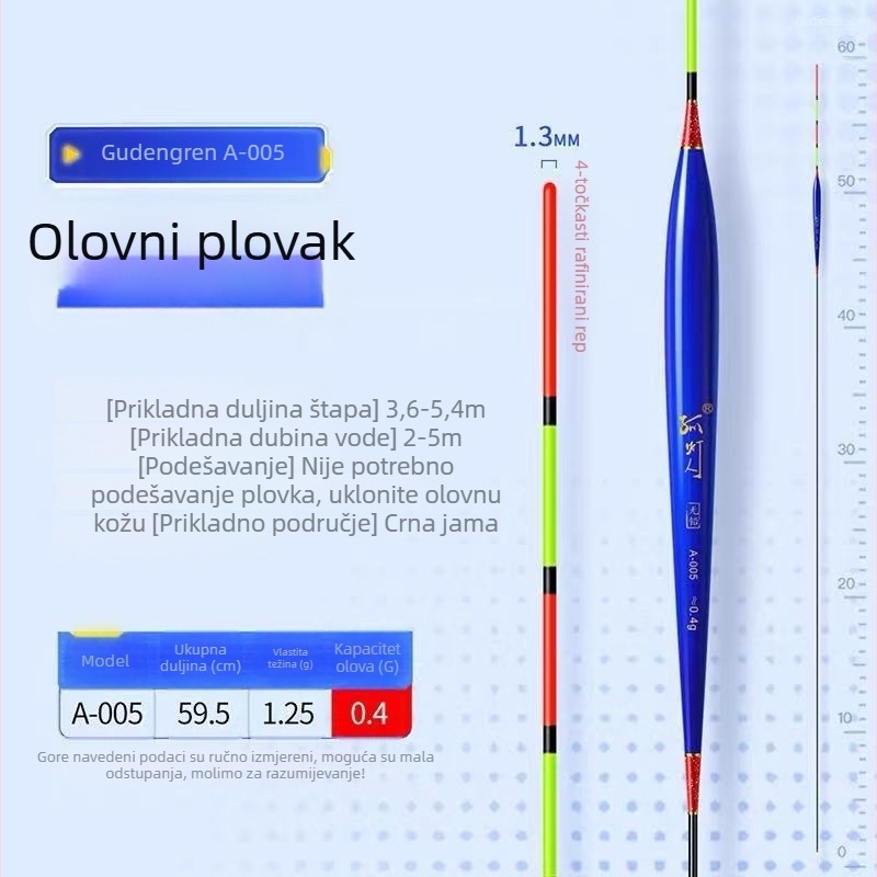 Bez olova, samostojeći plutajući plovak s tankom repom i dugim nogama, otporan na vjetar i struju