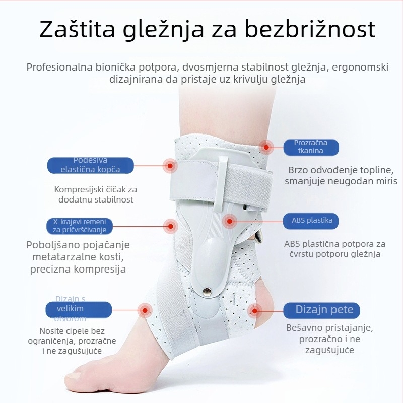 Fiksna ojačana potpora gležnja, podesiva i prozračna, zaštita od savijanja, ABS plast
