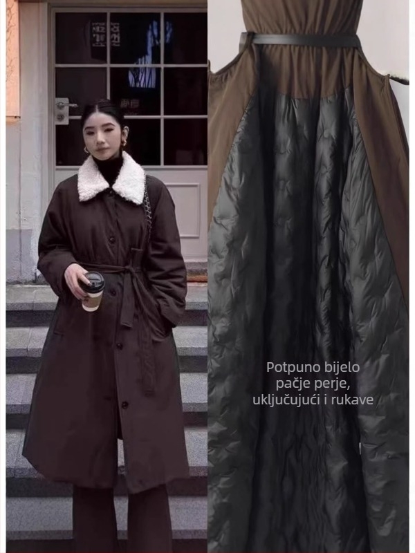 Ženska duga zimska jakna s ovratnikom od ovčje vune i punom od bijelog patka, zima 2025, korejski stil, strukiran dizajn, elegantan vanjski komad